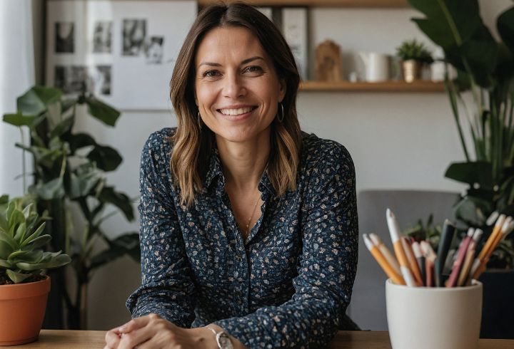 successful woman sitting at home office desk