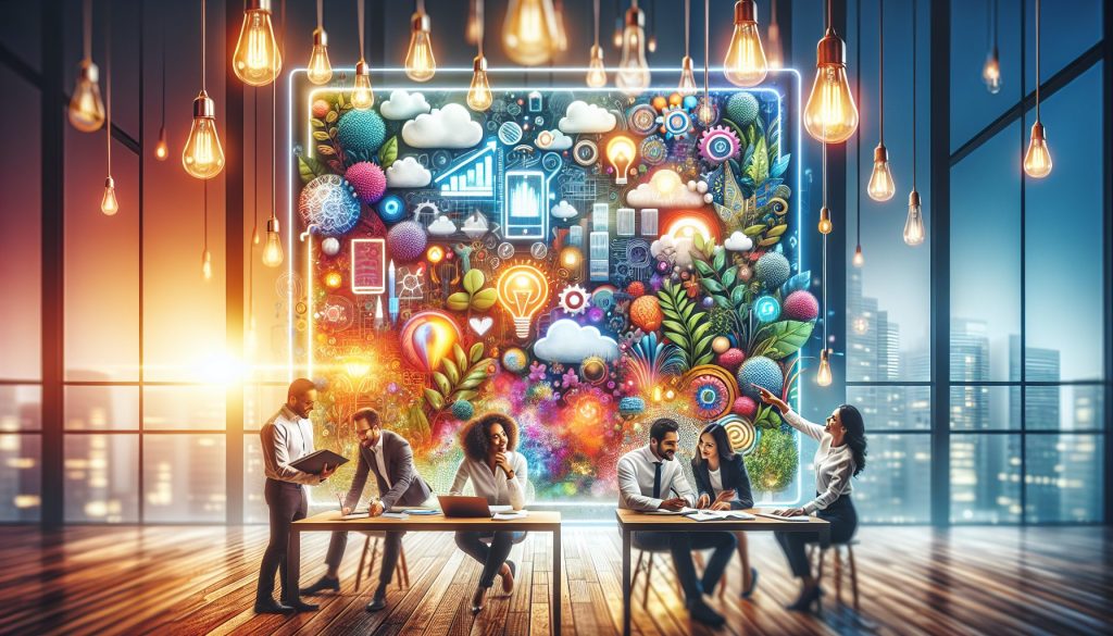 A vibrant and inspiring scene depicting a diverse group of individuals engaged in collaborative learning and skill development, set in a bright, modern workspace filled with tech tools and educational materials.