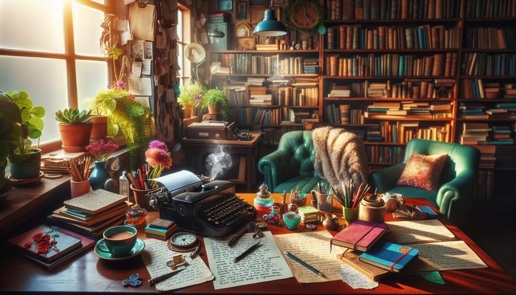 A cozy, inviting workspace filled with an eclectic mix of vintage and modern writing tools, including a typewriter, colorful notebooks, and a steaming cup of tea on a polished wooden desk.