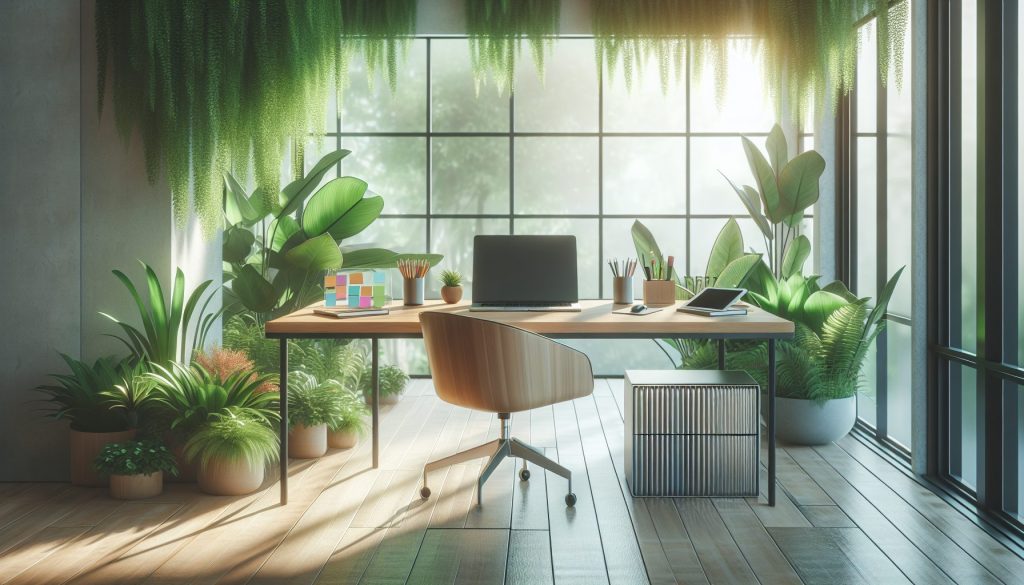 A serene workspace featuring a modern desk with a sleek laptop open, surrounded by lush indoor plants, soft natural light filtering through a large window, and organizational tools such as colorful sticky notes and a digital tablet, creating an atmosphere of productivity and tranquility.