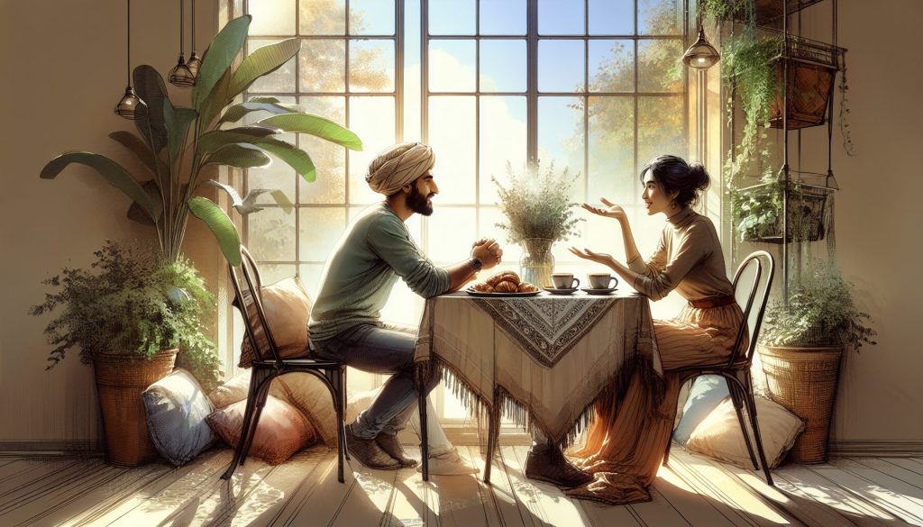 A serene and inviting scene of two people engaged in a warm conversation in a softly lit café, surrounded by lush greenery.