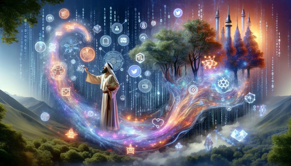 A whimsical, magical scene depicting a modern marketing wizard amidst a digital landscape filled with vibrant colors.