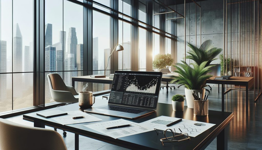 A sophisticated modern office environment with a sleek desk setup, featuring a laptop open to a financial spreadsheet, scattered notes with financial calculations, a coffee mug, and a potted plant.