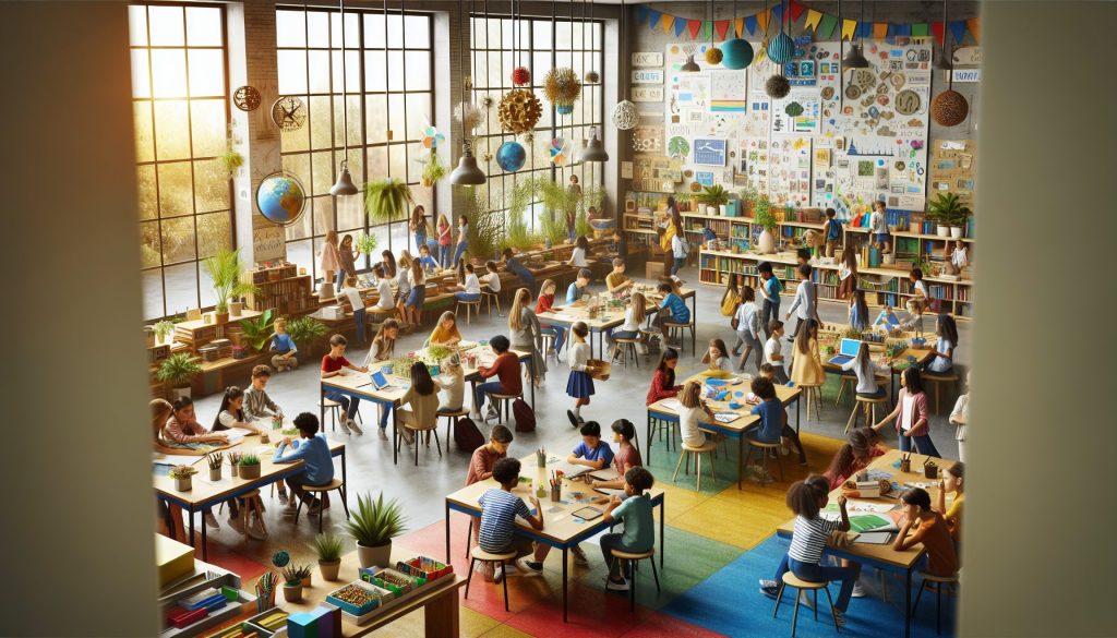 An inviting and vibrant classroom scene filled with diverse students actively engaged in hands-on learning activities, surrounded by colorful educational materials and interactive resources.