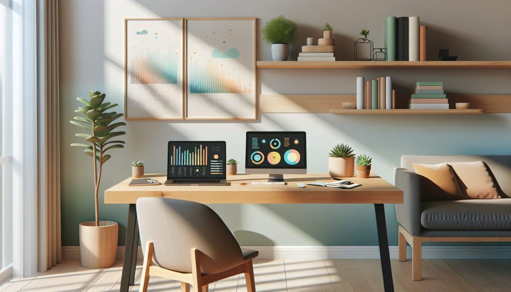 A serene workspace featuring a modern wooden desk illuminated by soft natural light, neatly organized with a laptop, a potted succulent, and a digital tablet displaying vibrant productivity charts.