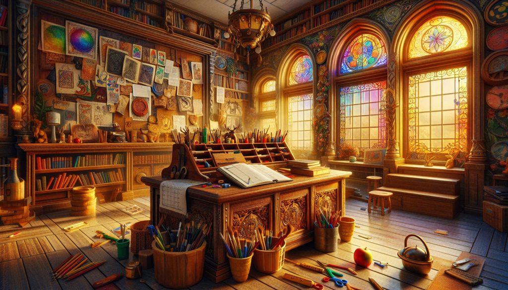 An inspiring and inviting classroom scene filled with colorful educational materials, a wooden desk with an open lesson planner, art supplies scattered around, sunlight streaming through large windows, and a bulletin board adorned with creative student projects, all set in a cozy, vibrant learning environment that reflects the joy of teaching and learning.