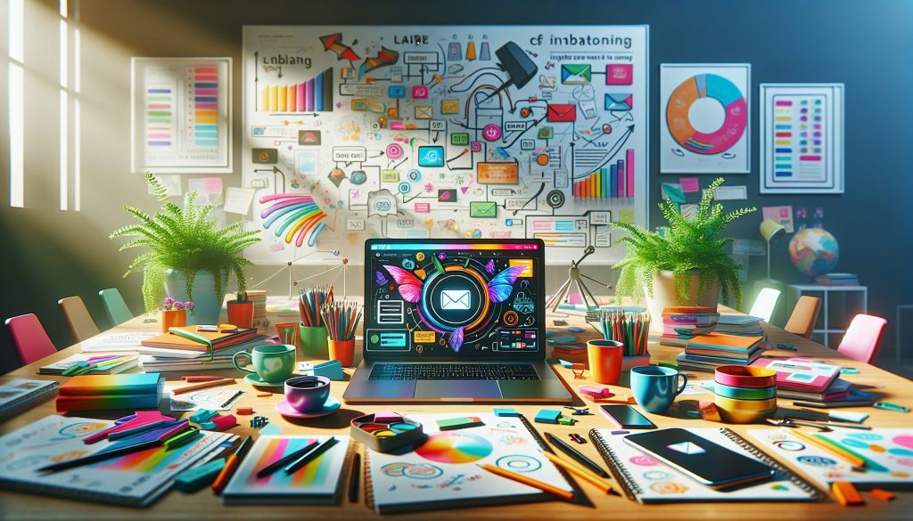 A vibrant and engaging workspace filled with colorful marketing materials related to email campaigns.